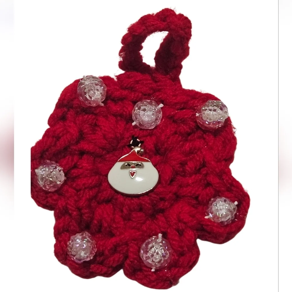 Hand Crafted Upcycled Chritsmas Ornaments Hand Crochet red beaded floral pattern